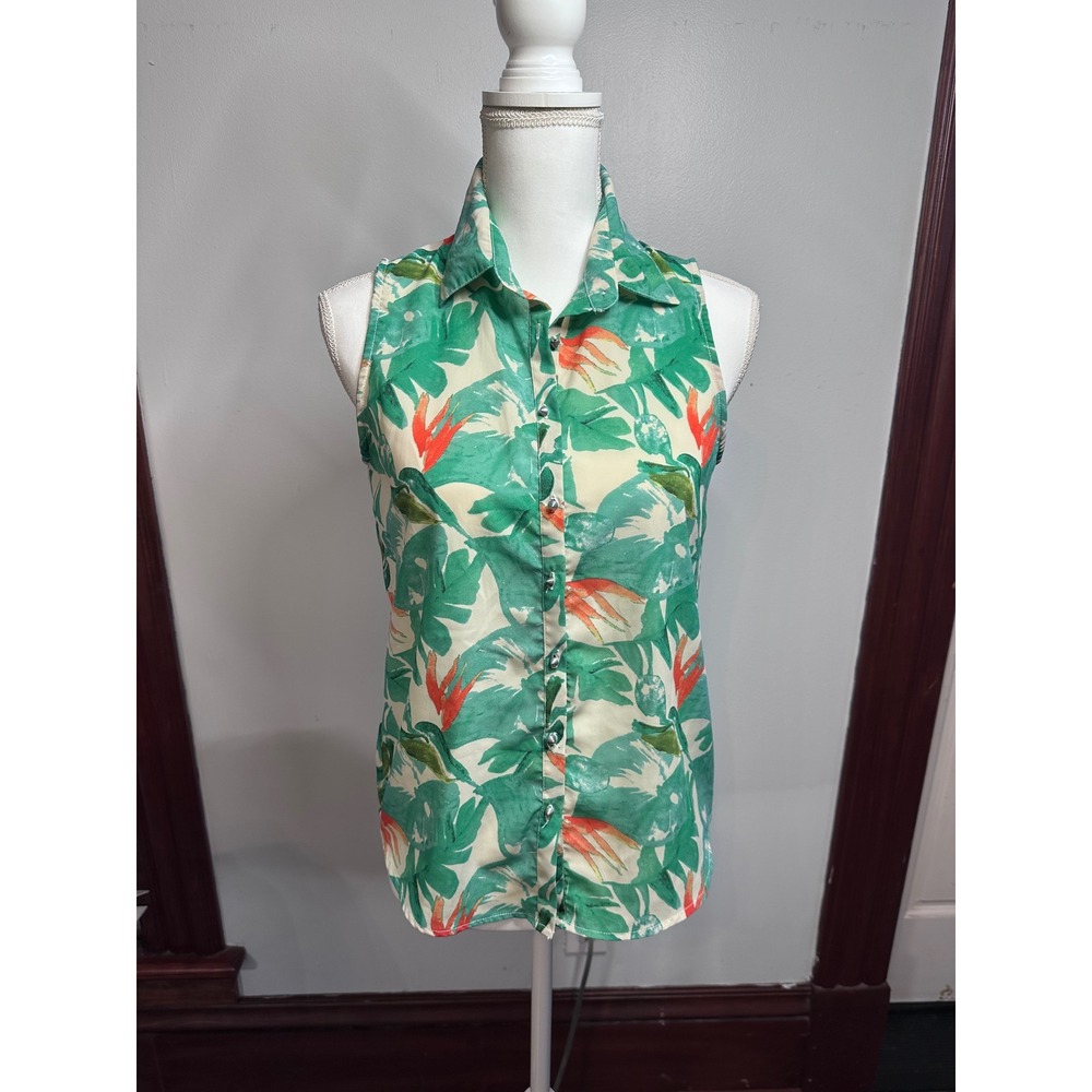 Evolution Denim Tiffosi Green Tropical Bird of Paradise Sleeveless Shirt S